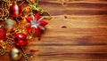 Christmas composition. Christmas red and gold decorations on a wooden background. Flat lay, top view, copy space. Royalty Free Stock Photo