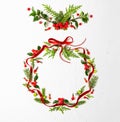 Christmas composition  with red ribbon, branches of spruce and holly with red berries in shape of Christmas bauble on white Royalty Free Stock Photo