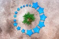 Christmas composition. Round frame of blue stars and green coniferous thuja branch. Beige grunge background. Top view, flat lay