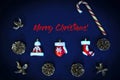 Christmas composition of Santa Claus clothes decoration on blue background