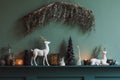 Christmas composition on the shelf in the living room interior. Beautiful decoration. Christmas trees, candles, stars, light. Royalty Free Stock Photo