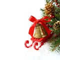 Christmas composition with sleigh and golden bell over white Royalty Free Stock Photo