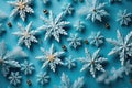 Christmas composition of snowflakes, decorations on blue background. Christmas, winter, new year concept. Flat lay, top view, copy Royalty Free Stock Photo