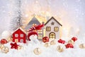 Christmas composition with the snowman, huts and festive decorations ÃÂ¾n the snow. Christmas or New Year greeting card Royalty Free Stock Photo