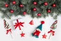 Christmas composition with snowman, lollipops, fir branches and Christmas decorations Royalty Free Stock Photo