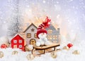 Christmas composition with the snowman on sleigh and festive decorations ÃÂ¾n the snow. Christmas or New Year greeting card Royalty Free Stock Photo