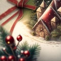 Christmas composition with a snowy background small house with red roof and christmas tree branch Royalty Free Stock Photo