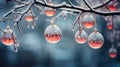 Christmas composition. Stylish translucent Christmas tree decorations balls hanging on a branch on a blue background. Royalty Free Stock Photo