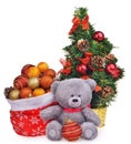 Christmas composition with teddy bear tree and santa bag