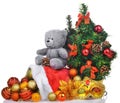 Christmas composition with teddy bear tree and santa bag