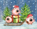 Watercolor composition with piglets, gift box, sleigh, snow and