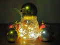 Christmas composition,tree balls in a glass with christmas light