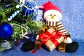 Christmas composition with Christmas tree, gift box and toy snowman. Close-up. Royalty Free Stock Photo