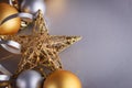 Christmas composition of Christmas tree toys on a blurred silver background