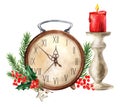 Christmas composition vintage clock and candlestick with burning candle