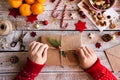 Christmas composition on a wooden background. Royalty Free Stock Photo