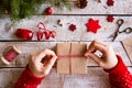 Christmas composition on a wooden background. Royalty Free Stock Photo