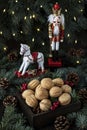 Christmas composition with Walnuts cookies and holiday toys