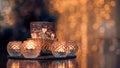 Christmas composition warm candles, dried oranges on table. Holiday, New Year, Christmas, cosiness concept. Cozy home Royalty Free Stock Photo