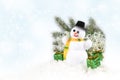 Christmas composition on a white background with a snowman, green spruce branches and gifts with copy space