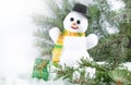 Christmas composition on a white background with a snowman, green spruce branches and gifts with copy space