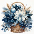 Christmas composition. White poinsettia flowers in a basket.Created by AI