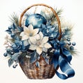 Christmas composition. White poinsettia flowers in a basket.Created by AI