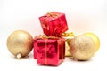 Christmas composition on a white sheet with a Christmas balls and boxes Royalty Free Stock Photo