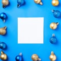 Christmas composition with white square copy space. Colorful ornament and baubles decorations Royalty Free Stock Photo