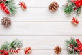 Christmas composition on white wooden desk. Christmas background, top view, flat lay