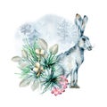 Christmas composition of winter forest and hare watercolor illustration isolated on white.