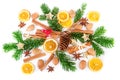 Christmas composition with winter spices on white. Flat lay, top view Royalty Free Stock Photo