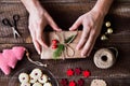 Christmas composition on a wooden background. Royalty Free Stock Photo