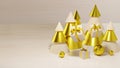 Christmas composition wooden Golden Christmas trees balloons and gifts.