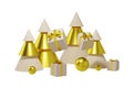 Christmas composition wooden Golden Christmas trees balloons and gifts isolated white.