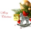 Christmas composition with wooden toy rocking horse Royalty Free Stock Photo