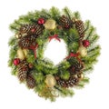 Christmas composition with Wreath made of christmas tree branches,bows, beads and pine cones with red and golden balls Royalty Free Stock Photo