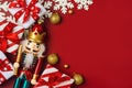 Christmas concept background. Top view of Christmas ornament and christmas wooden nutcracker toy solider with space for text