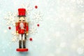 Christmas concept background. Top view of Christmas wooden nutcracker toy solider with space for text