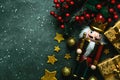 Christmas concept background. Top view of Christmas wooden nutcracker toy solider and christmas decor ornaments with space for