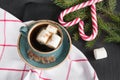 Christmas concept. Blue mug of hot coffee with marshmallow and candy cane on a black background with Christmas tree branches. Top Royalty Free Stock Photo