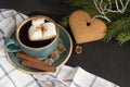 Christmas concept. Blue mug of hot coffee with marshmallow and cookies on a black background with Christmas tree branches. Top vie Royalty Free Stock Photo