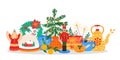 Christmas concept. Celebrating winter season holiday with decorated fir tree, gift boxes, wreath, tea and toys