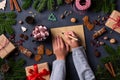 Christmas concept, child hands writing letter to Santa Claus Royalty Free Stock Photo