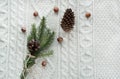 Christmas concept. Christmas bouquet with spruce, fir-tree, snowflakes on white knitted background. Holiday card. Vintage style. F Royalty Free Stock Photo