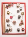 Christmas concept, Christmas tree twigs and Christmas tree cones on a white background flat lay