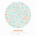 Christmas concept in circle with thin line icons: Santa Claus, snowflake, reindeer, wreath, candy cane, polar bear in hat, angel, Royalty Free Stock Photo