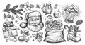 Christmas concept, collection. Vintage sketch. Hand drawn illustration for holiday decoration