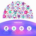 Christmas concept in half circle with thin line icons: Santa Claus, snowflake, reindeer, wreath, polar bear in hat, angel, mitten Royalty Free Stock Photo