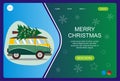 Christmas concept illustration of driving car with Christmas tree. Flat design template for banner, poster